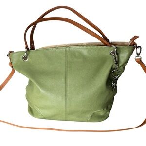 ELEGANCE PARIS Moss Green Brown Leather Bag Detachable Crossbody Strap Snakeskin